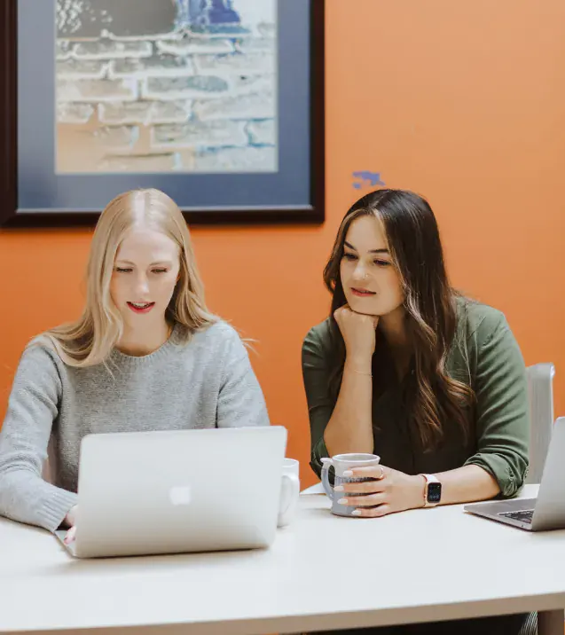 Two Brillity teammates reviewing content on a laptop