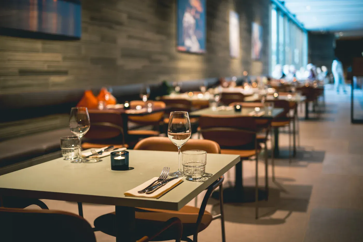 Restaurant dining room with set tables